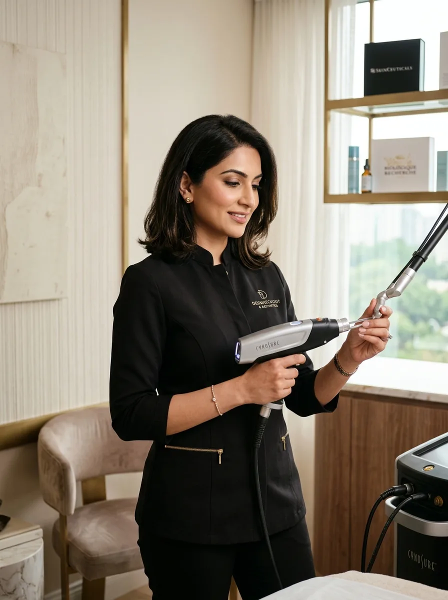 Dermatologist in Chic Black Blouse with Laser Device