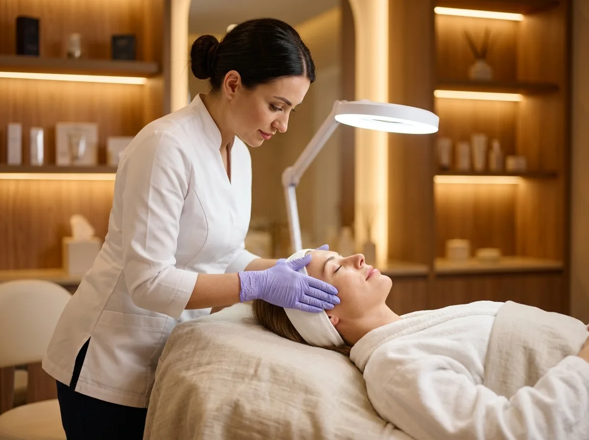 Aesthetician in white uniform treating client on spa bed